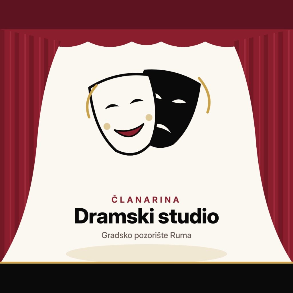 Pozorišne maske na sceni sa crvenom zavesom – članarina Dramskog studija Gradskog pozorišta Ruma