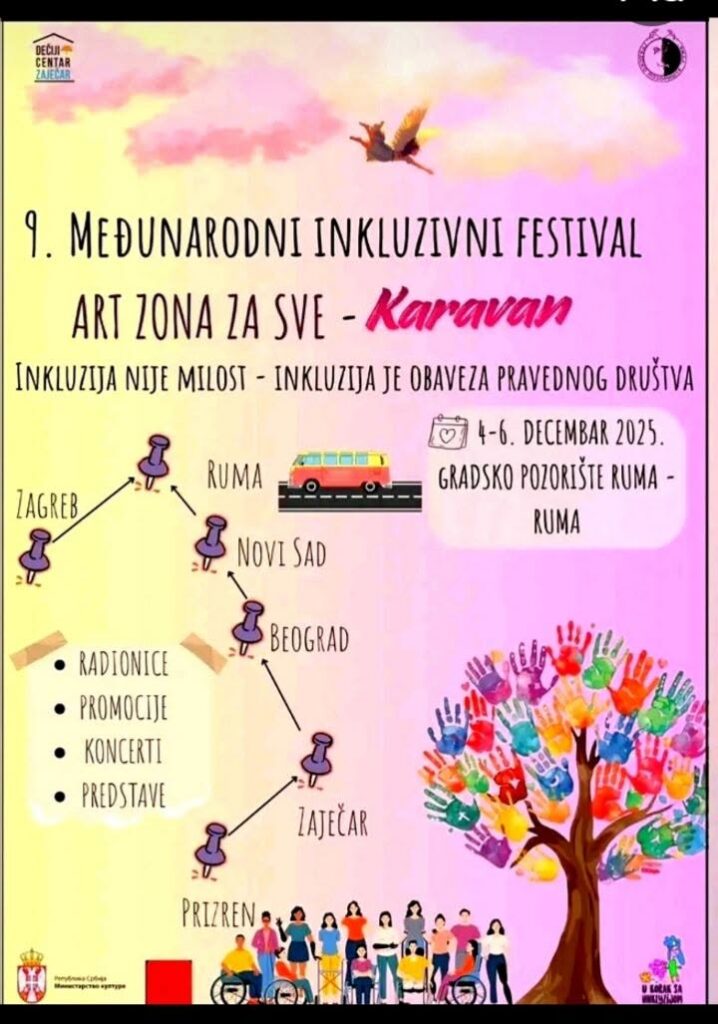 Plakat 9. međunarodnog inkluzivnog festivala Art zona za sve – Karavan, 4–6. decembar 2025., Ruma
